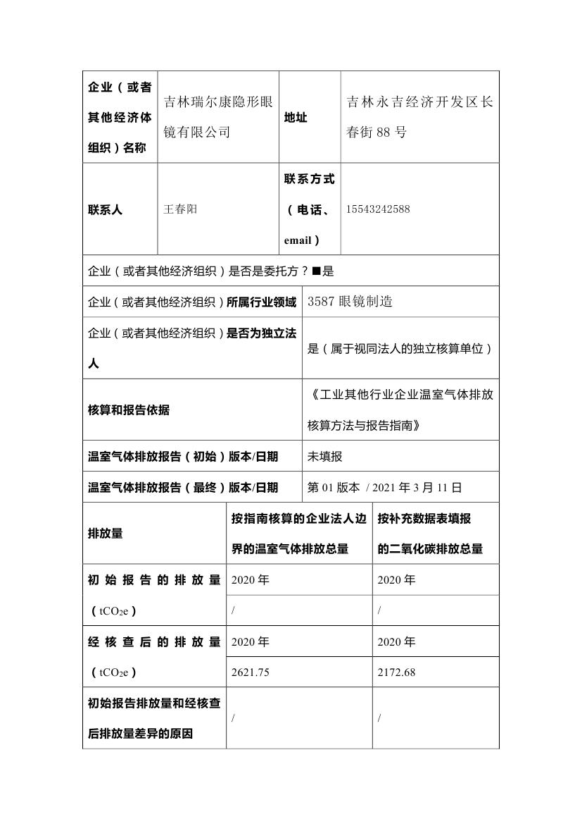 2020 年度吉林瑞尔康隐形眼镜有限公司温室气体排放核查报告(图2)